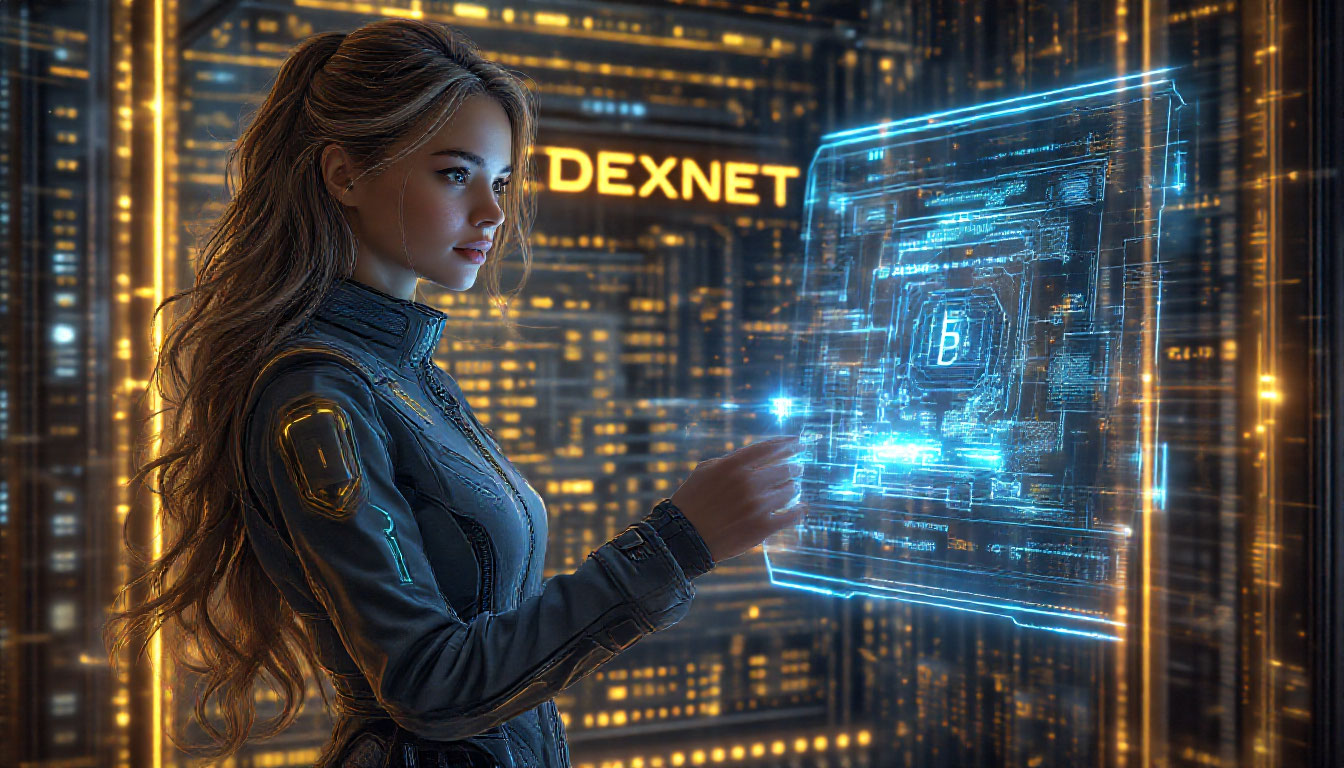 DeXNode устройство для будущего Dexnet устройство: женщина подключается к экосистеме сервисов DexCloud, DexSafe, DexMobile.