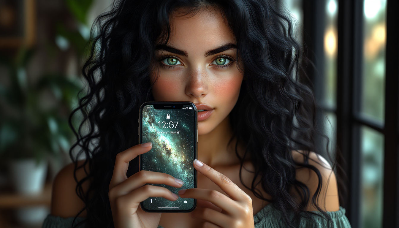 iPhone 17 обзор: старый дизайн и новый уровень технологий Красивая женщина с iPhone 17 в руках — iPhone 17 обзор и технологии будущего