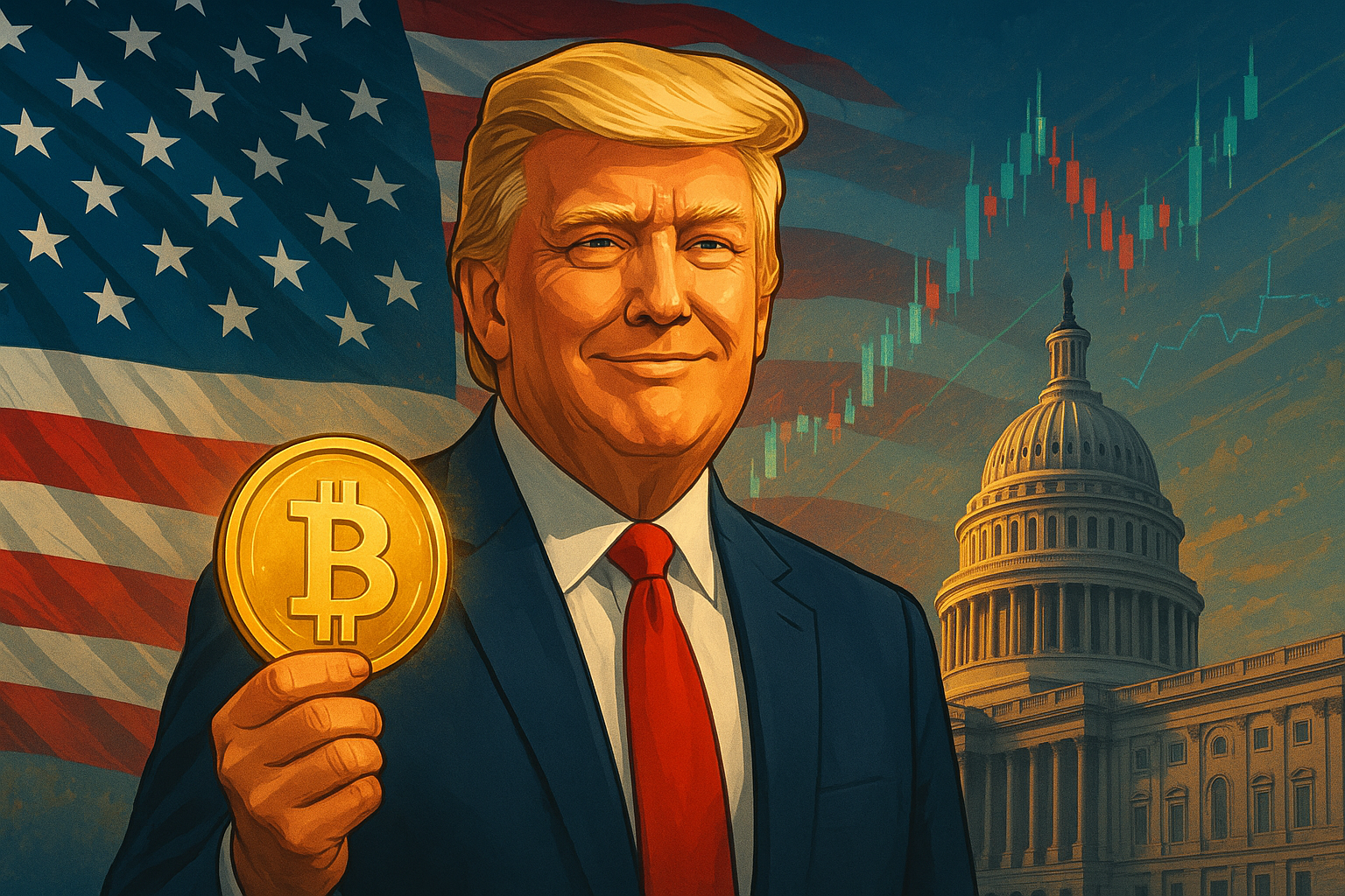 Дональд Трамп и биткоин Дональд Трамп биткоин-инвестор с криптовалютной монетой на фоне американской символики и графиков курса.