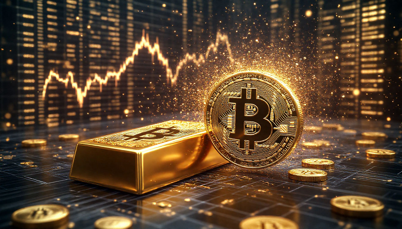 💰 Золотой бум и путь Биткоина: что видит Deutsche Bank Визуализация золотого бума биткоина — трансформация золотого слитка в цифровую валюту на фоне графиков роста.