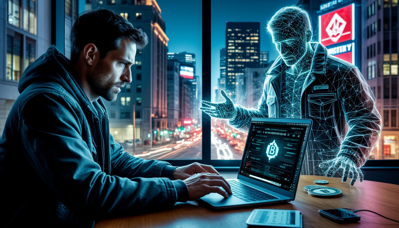 Криптоограбление: Тёмная сторона цифровой эпохи Мужчина-жертва криптоограбления, наблюдающий за кражей цифровых активов злоумышленником под видом курьера.